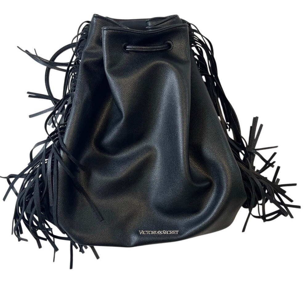 NWT Victoria's Secret Black Fringe Textured Leather Drawstring Bag‎ One Size